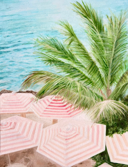 Pink and White Umbrellas and Turquoise Water