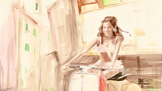 Watercolor painting of a girl riding a Vespa in the South of France and Italy